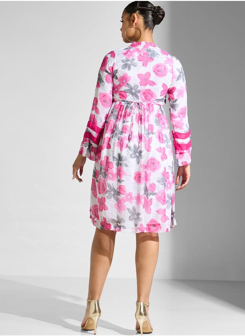 Golden Apple - High Neck Floral Printed Pleated Dress - Image 1