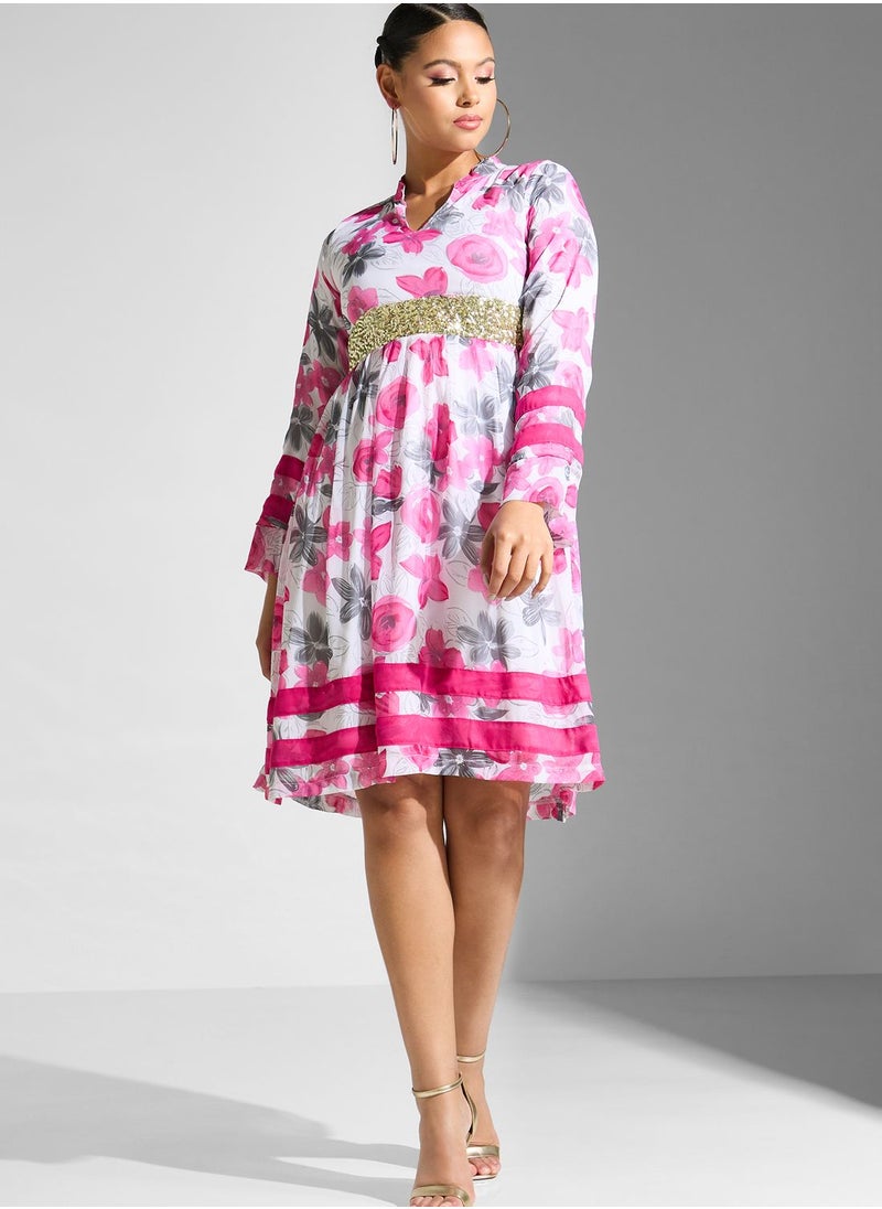 Golden Apple - High Neck Floral Printed Pleated Dress - Image 1