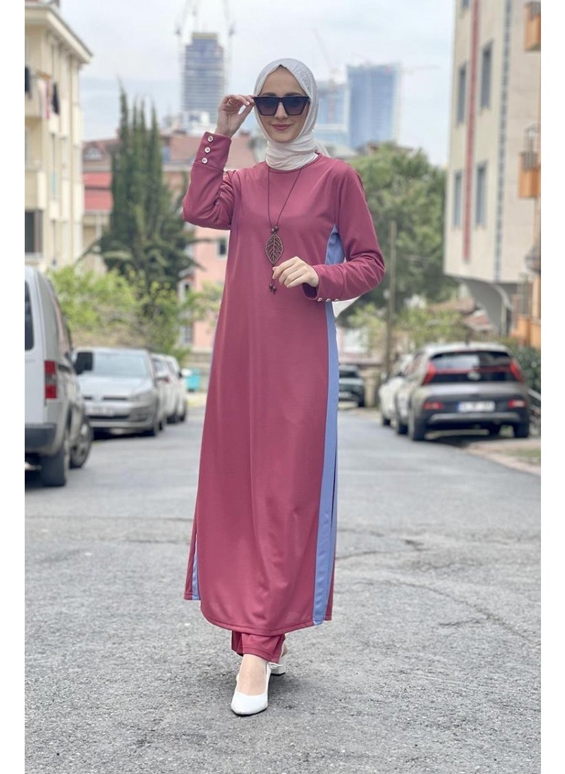 Sefa Merve - Slit Detailed Hijab Suit 0327-03 Dusty Rose - Image 1
