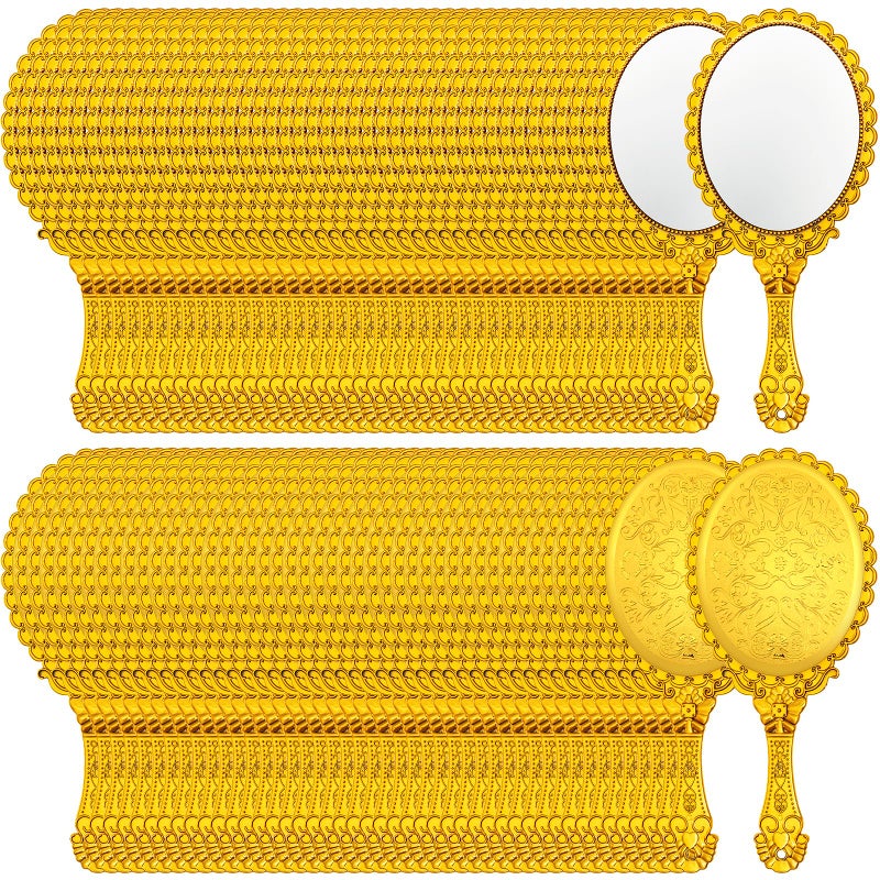 Qunclay 96 Pcs Vintage Handheld Mirror with Handle, 9.8" L x 4.5" W Gold Embossed Portable Small Mirrors Bulk for Princess Party Favors, Birthday Gifts, Classroom Rewards & Daily Travel Use - Image 1