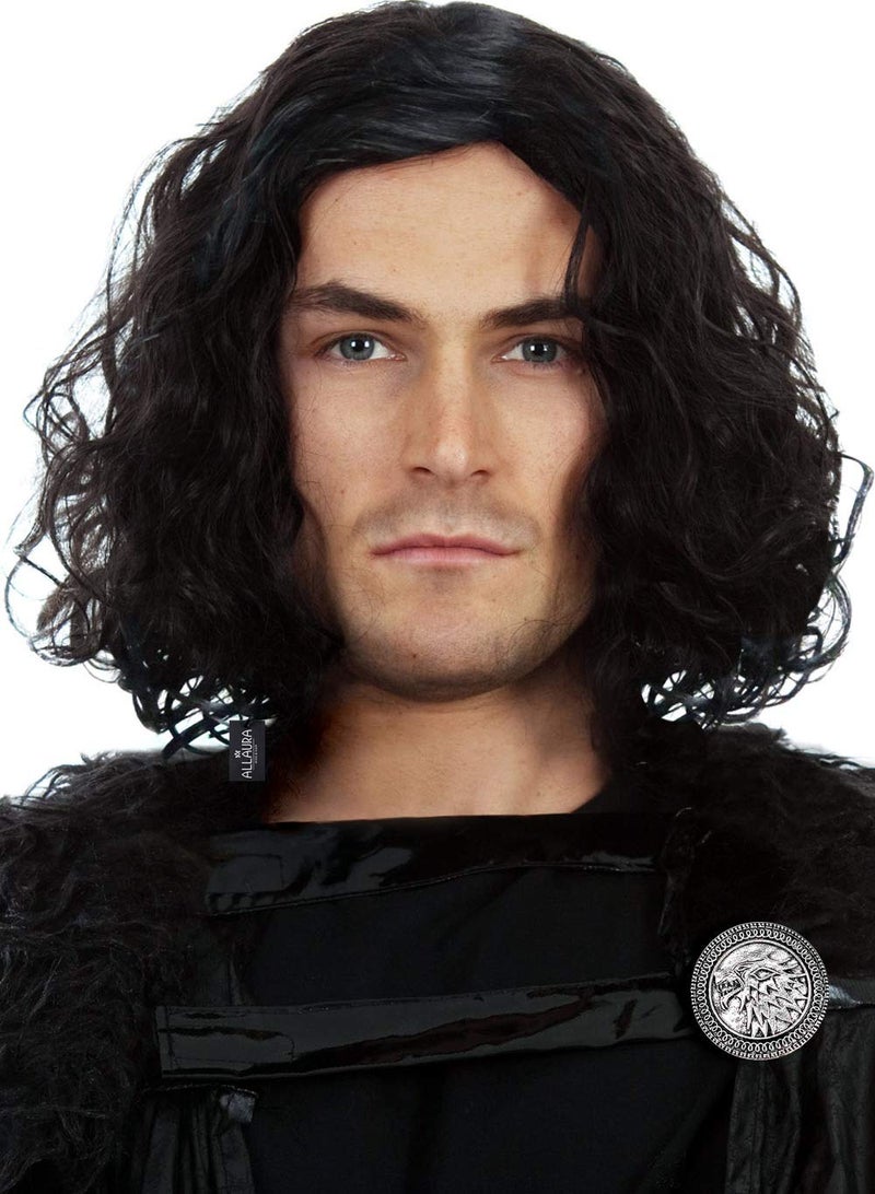 ALLAURA – Jon Snow Wig Northern Snow King Wig + Shield Jon Snow Pin – Bruno Short Black Curly Cosplay Wigs For Men Halloween Cosplay Halloween Costume - Image 2