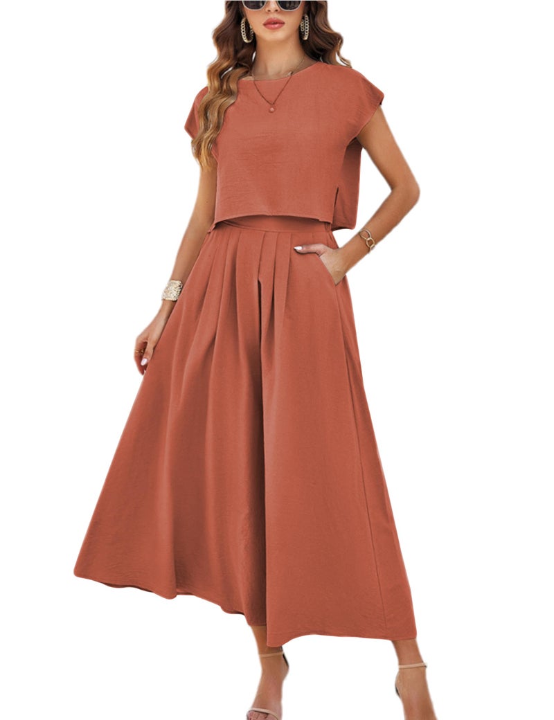 HangNiFang Summer Skirt Sets Women 2 Piece Outfits Cap Sleeve Top Elastic Waist Maxi Dress Sets with Pockets(1218-RustX1-L) - Image 1