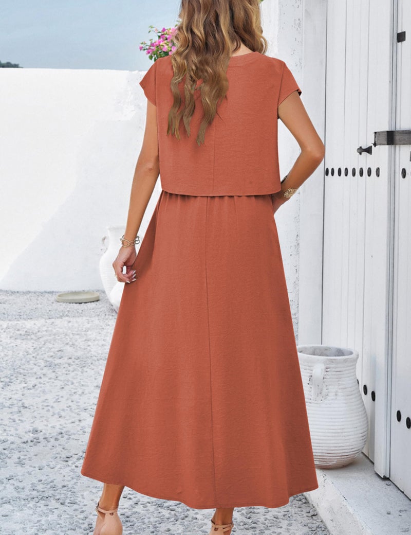 HangNiFang Summer Skirt Sets Women 2 Piece Outfits Cap Sleeve Top Elastic Waist Maxi Dress Sets with Pockets(1218-RustX1-L) - Image 4