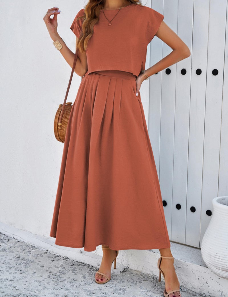 HangNiFang Summer Skirt Sets Women 2 Piece Outfits Cap Sleeve Top Elastic Waist Maxi Dress Sets with Pockets(1218-RustX1-L) - Image 3