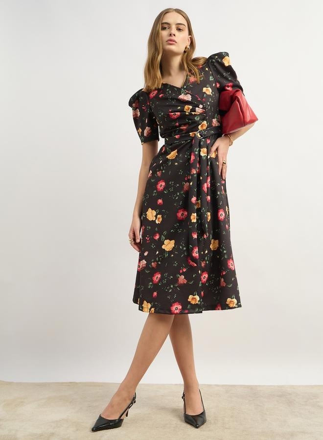 Styli Styli Floral Print A-Line Midi Dress with Puff Sleeves  - Image 1