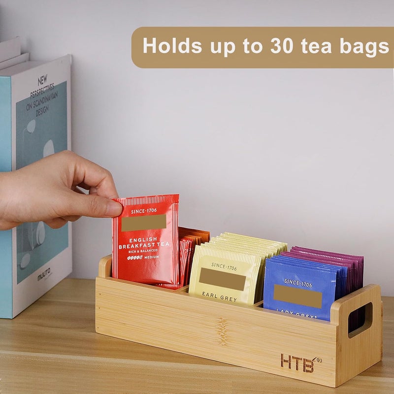 HTB Small Tea Bag Holder, Bamboo Tea Organizer 3 Compartments for Beverage Suppliers, Sugar, Sweeteners, Individual Packets, Portable Tea Bag Organizer for Home Kitchen Counter or Office - Image 4