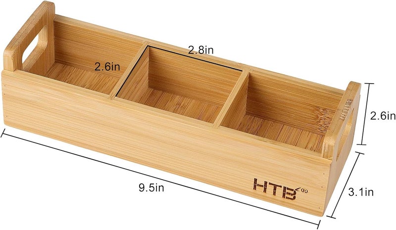 HTB Small Tea Bag Holder, Bamboo Tea Organizer 3 Compartments for Beverage Suppliers, Sugar, Sweeteners, Individual Packets, Portable Tea Bag Organizer for Home Kitchen Counter or Office - Image 2