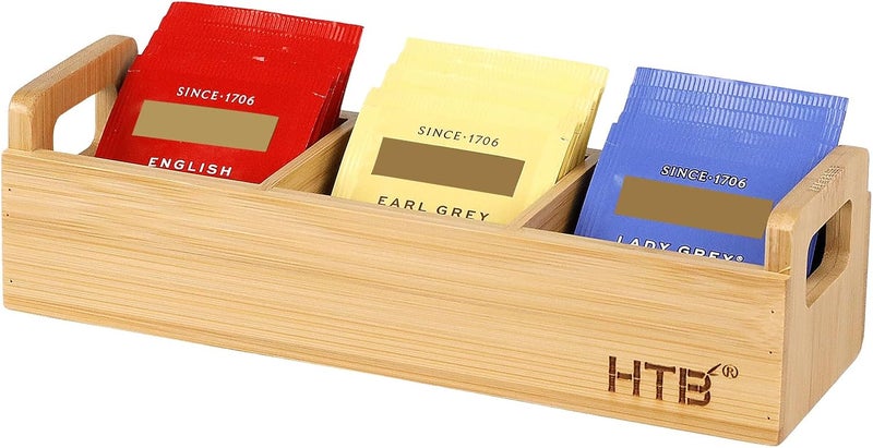 HTB Small Tea Bag Holder, Bamboo Tea Organizer 3 Compartments for Beverage Suppliers, Sugar, Sweeteners, Individual Packets, Portable Tea Bag Organizer for Home Kitchen Counter or Office - Image 1