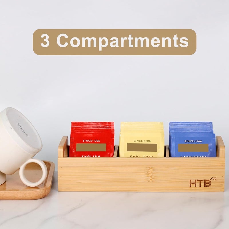 HTB Small Tea Bag Holder, Bamboo Tea Organizer 3 Compartments for Beverage Suppliers, Sugar, Sweeteners, Individual Packets, Portable Tea Bag Organizer for Home Kitchen Counter or Office - Image 5