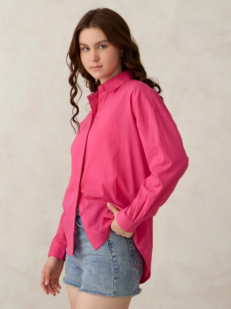 Outzidr Pink Pink Solid Oversized Shirt for Women | Best Price UAE