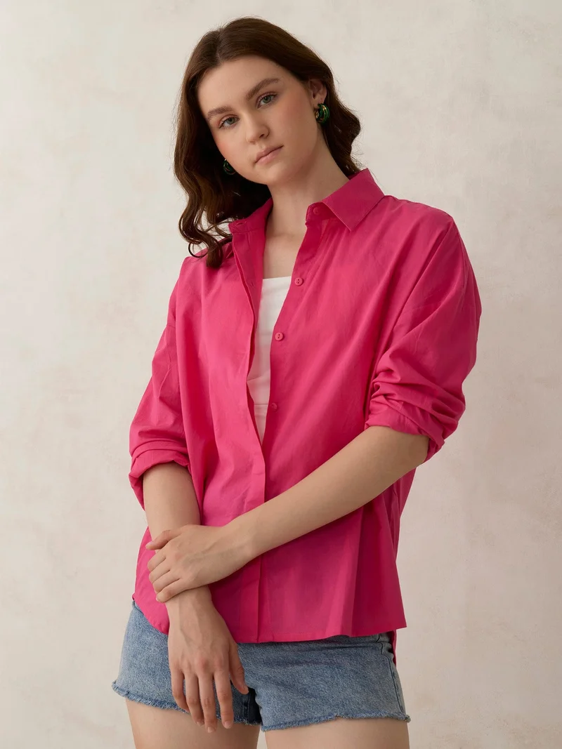 Outzidr Pink Pink Solid Oversized Shirt for Women | Best Price UAE