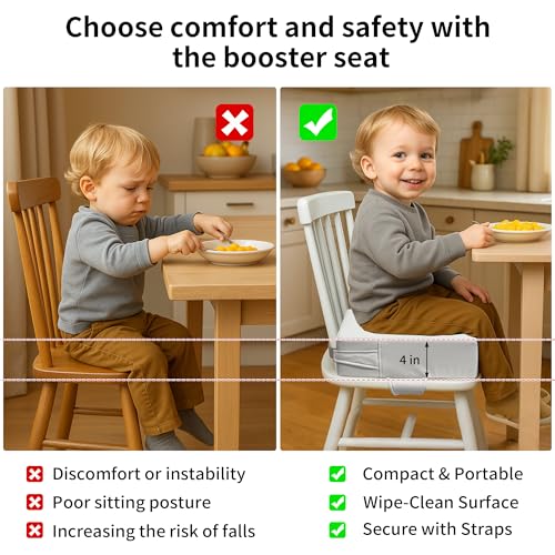 AAAini Booster Seat for Kitchen Chair (PU Material),Toddler Booster Seats for Dining Table Portable for Travel Camping Eating Double Safe Straps Non-Slip Bottom (Grey) - Image 4