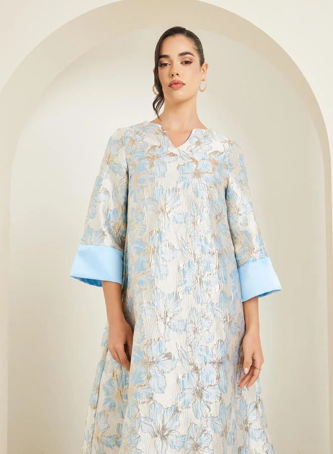 Amirah Women Blue Floral Jacquard A-Line Jalabiya