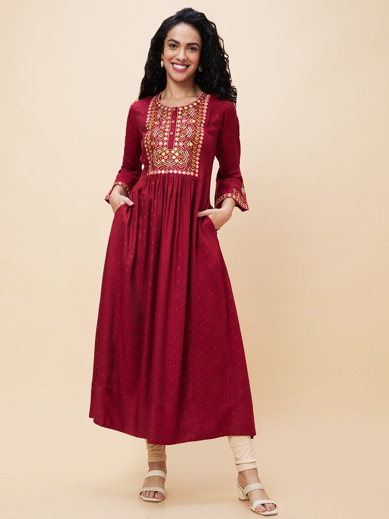 globus Globus Women Thread Work Gathered Bell Sleeve Anarkali Kurta - Image 2