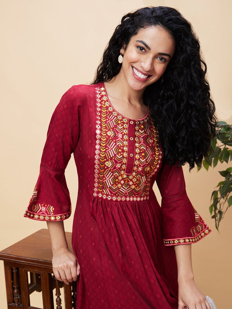 globus Globus Women Thread Work Gathered Bell Sleeve Anarkali Kurta - Image 1