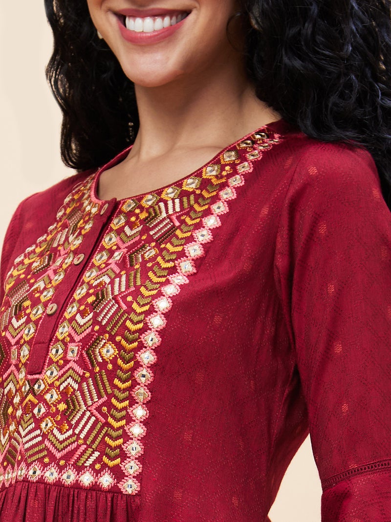 globus Globus Women Thread Work Gathered Bell Sleeve Anarkali Kurta - Image 5