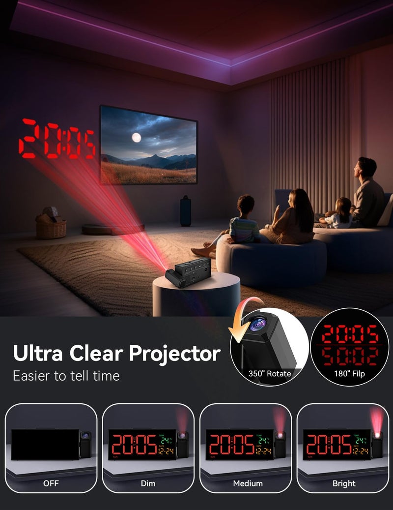 Netzu Projection Clock for Bedroom Ceiling, Alarm Clocks with 180° Rotatable Projector, Date Temperature and Weekday, Manual DST, 5 Brightness, 10 Ringtones, 4 Volumes and Snooze - Image 2