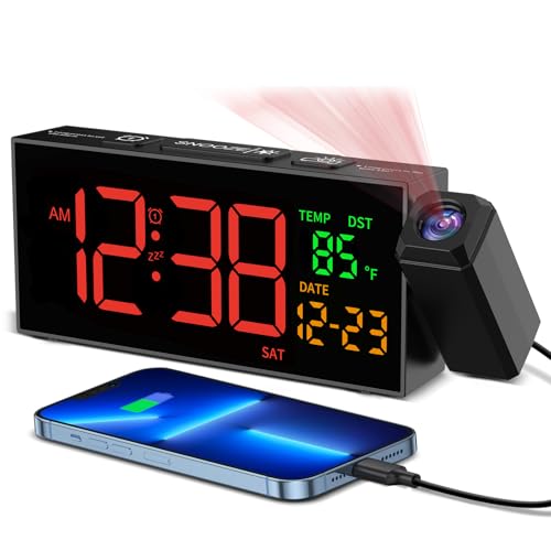 Netzu Projection Clock for Bedroom Ceiling, Alarm Clocks with 180° Rotatable Projector, Date Temperature and Weekday, Manual DST, 5 Brightness, 10 Ringtones, 4 Volumes and Snooze - Image 1
