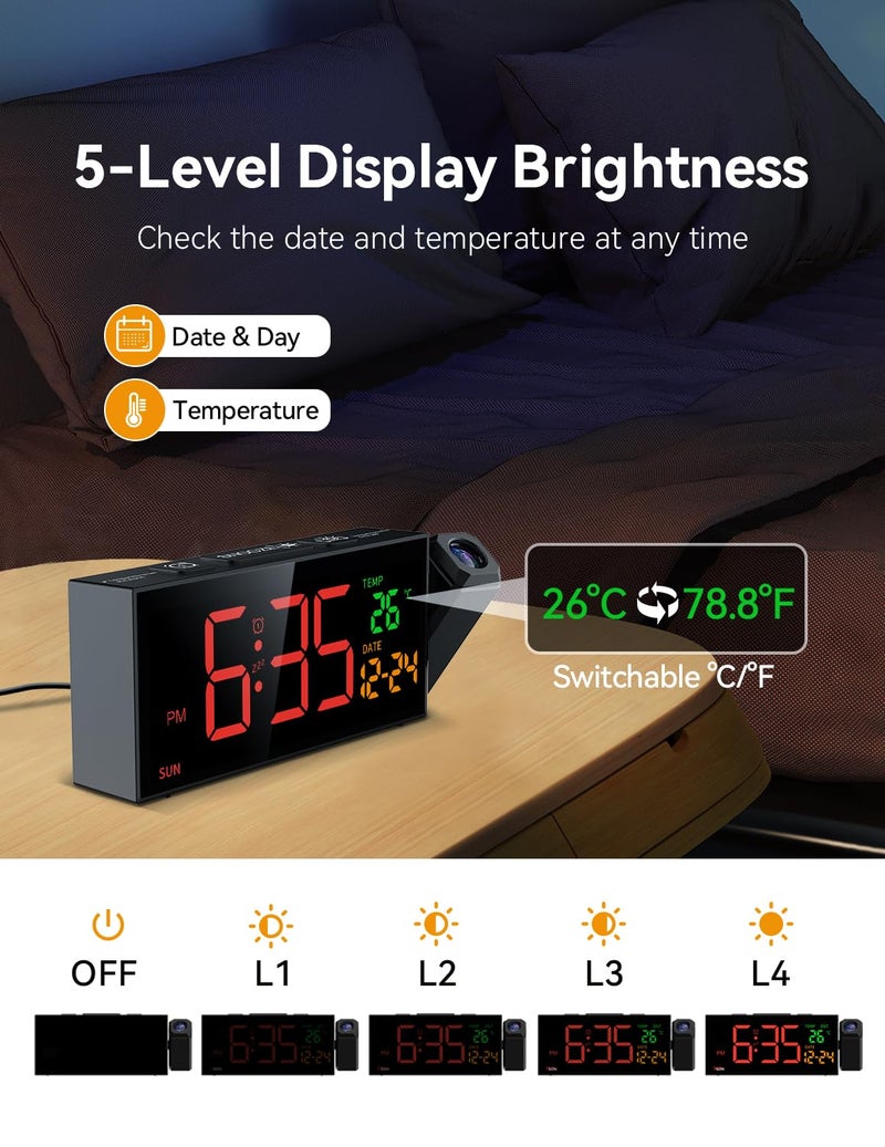 Netzu Projection Clock for Bedroom Ceiling, Alarm Clocks with 180° Rotatable Projector, Date Temperature and Weekday, Manual DST, 5 Brightness, 10 Ringtones, 4 Volumes and Snooze - Image 4