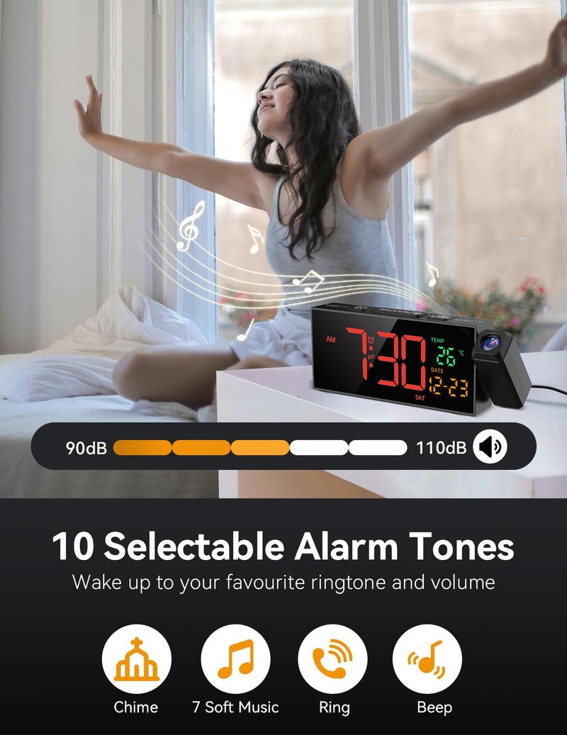Netzu Projection Clock for Bedroom Ceiling, Alarm Clocks with 180° Rotatable Projector, Date Temperature and Weekday, Manual DST, 5 Brightness, 10 Ringtones, 4 Volumes and Snooze - Image 3