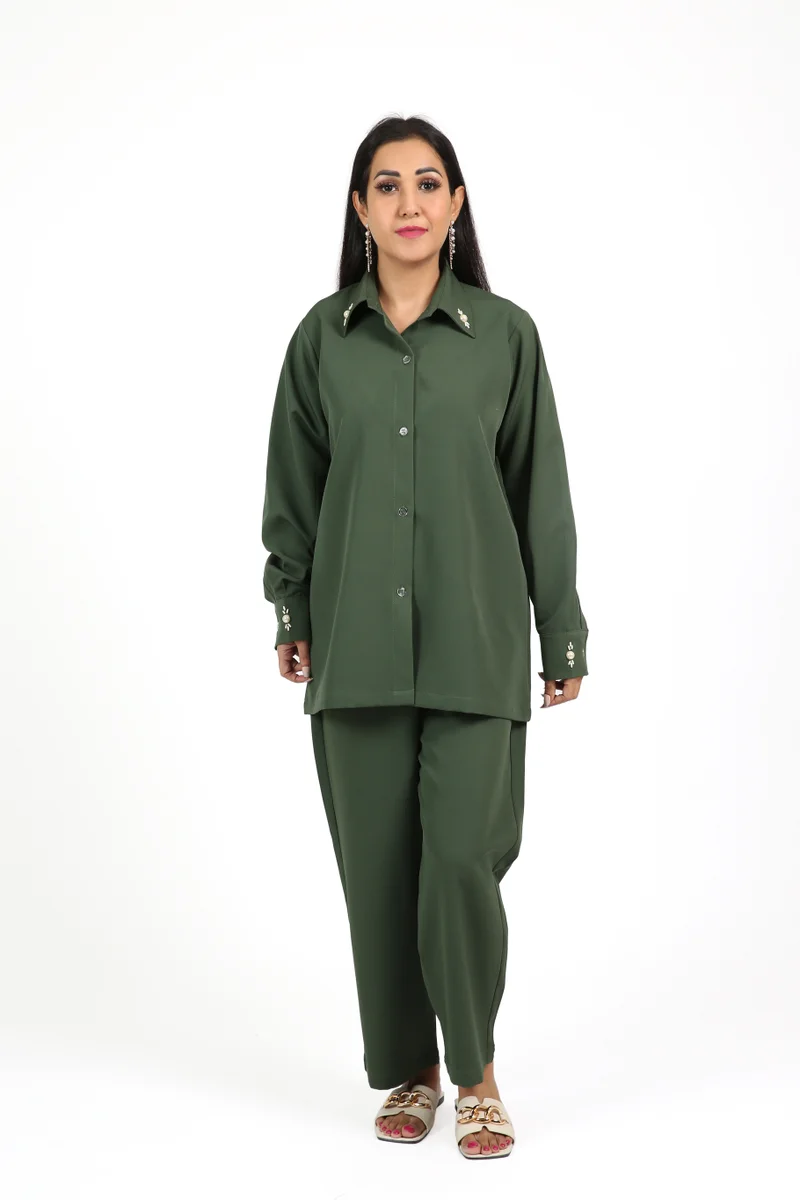 Bottle Green Barbie Fabric Co-ord Set with Pearl Handwork on Collar & Cuffs