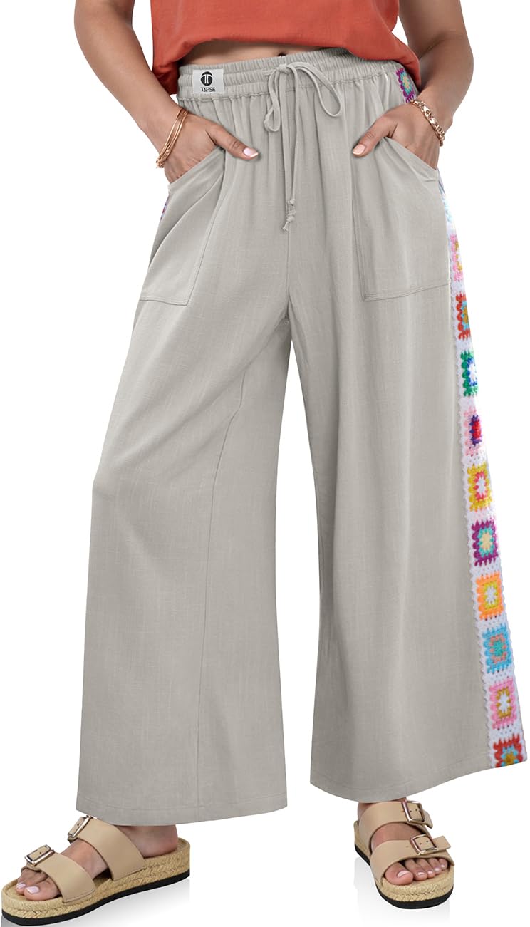 TARSE Womens Wide Leg Linen Pants Summer Casual Drawstring Loose Lounge Palazzo Crochet Panel Pant with Pocket(LightGray, M) - Image 1