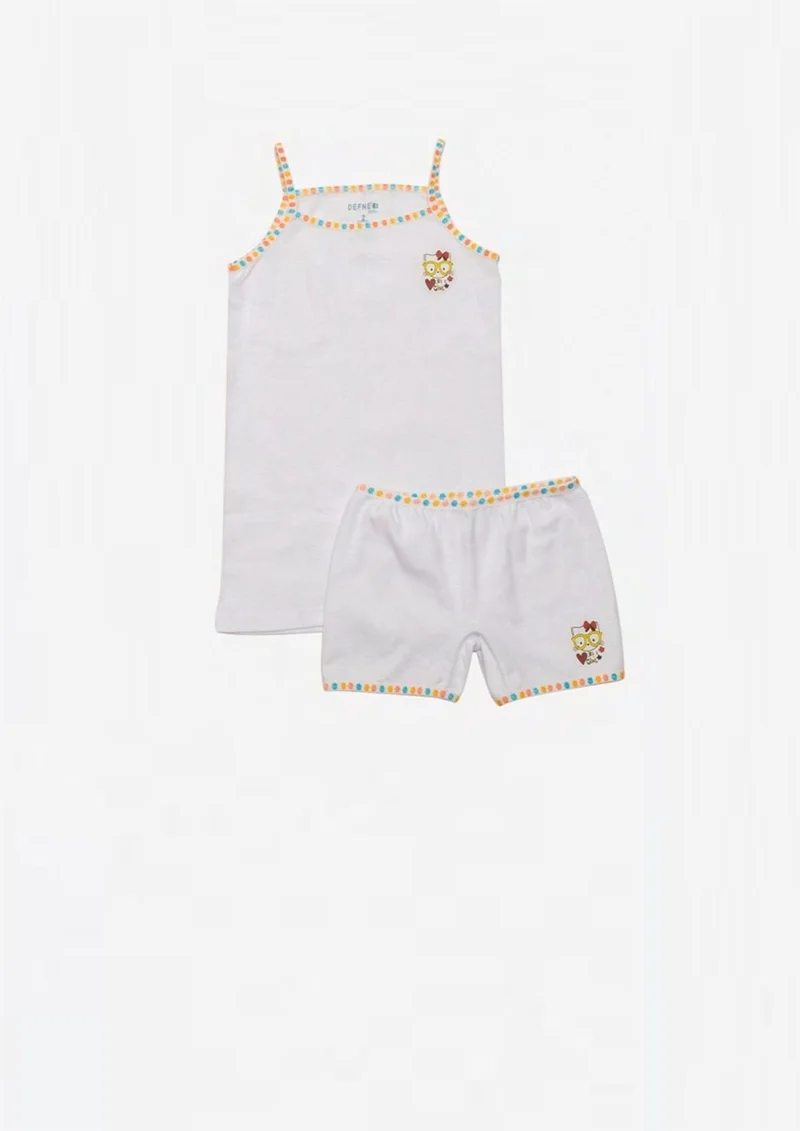 Defne Glasses Cat Printed 100% Cotton Girls Rope Suspender Undershirt Boxer Set