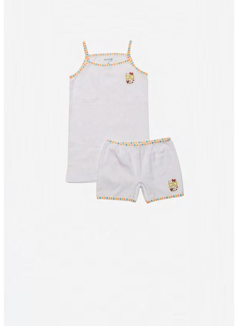 Defne Glasses Cat Printed 100% Cotton Girls Rope Suspender Undershirt Boxer Set 