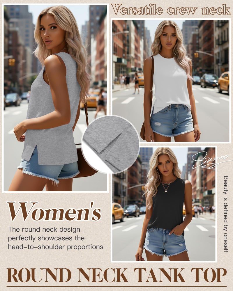 Ficerd 4 Pack Women's Sleeveless Tops, Casual Summer Loose Fit T Shirts Solid Color Tunic Tank Tops Ladies' Crew Neck(Black, White, Gray, Charcoal Gray,Small) - Image 3