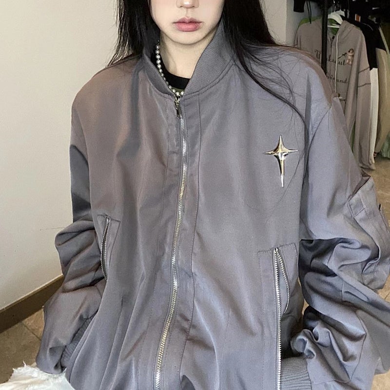 vintage American retro multi-zipper workwear jacket womens fashion brand loose Harajuku style baseball uniform all-matching jacket Gray  - Image 1