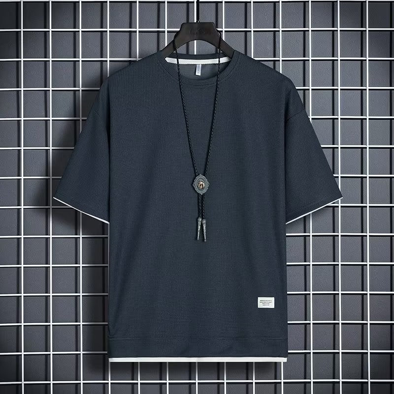 Hong Kong Style Trendy Brand Waffle Fake Two-Piece Short-Sleeved T-Shirt Men'S Summer Trendy Korean Style Fashionable All-Match Loose T-Shirt - Image 3