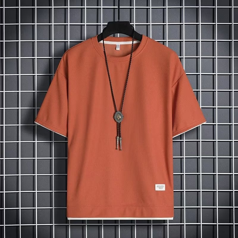 Hong Kong Style Trendy Brand Waffle Fake Two-Piece Short-Sleeved T-Shirt Men'S Summer Trendy Korean Style Fashionable All-Match Loose T-Shirt - Image 5