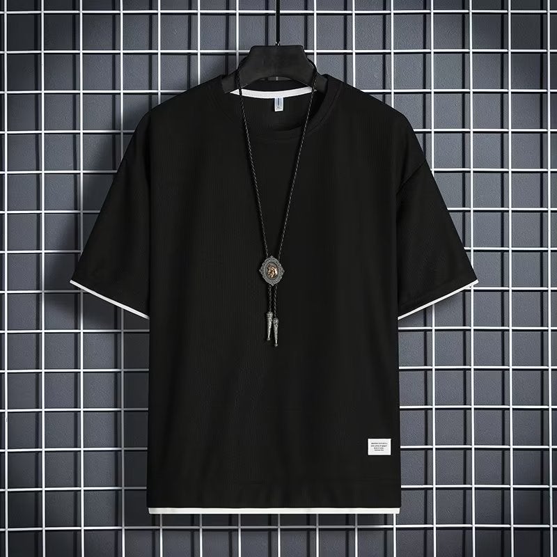 Hong Kong Style Trendy Brand Waffle Fake Two-Piece Short-Sleeved T-Shirt Men'S Summer Trendy Korean Style Fashionable All-Match Loose T-Shirt - Image 2