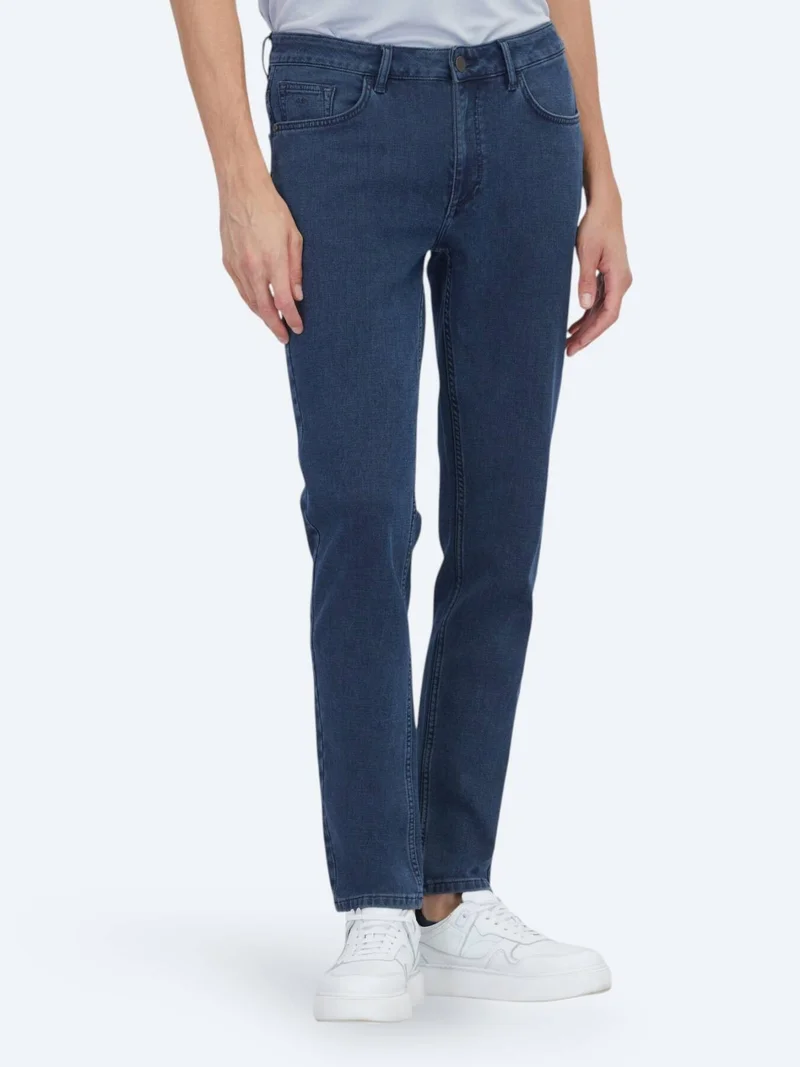 Kip Navy Blue Slim Fit Denim Cotton Blended Trousers