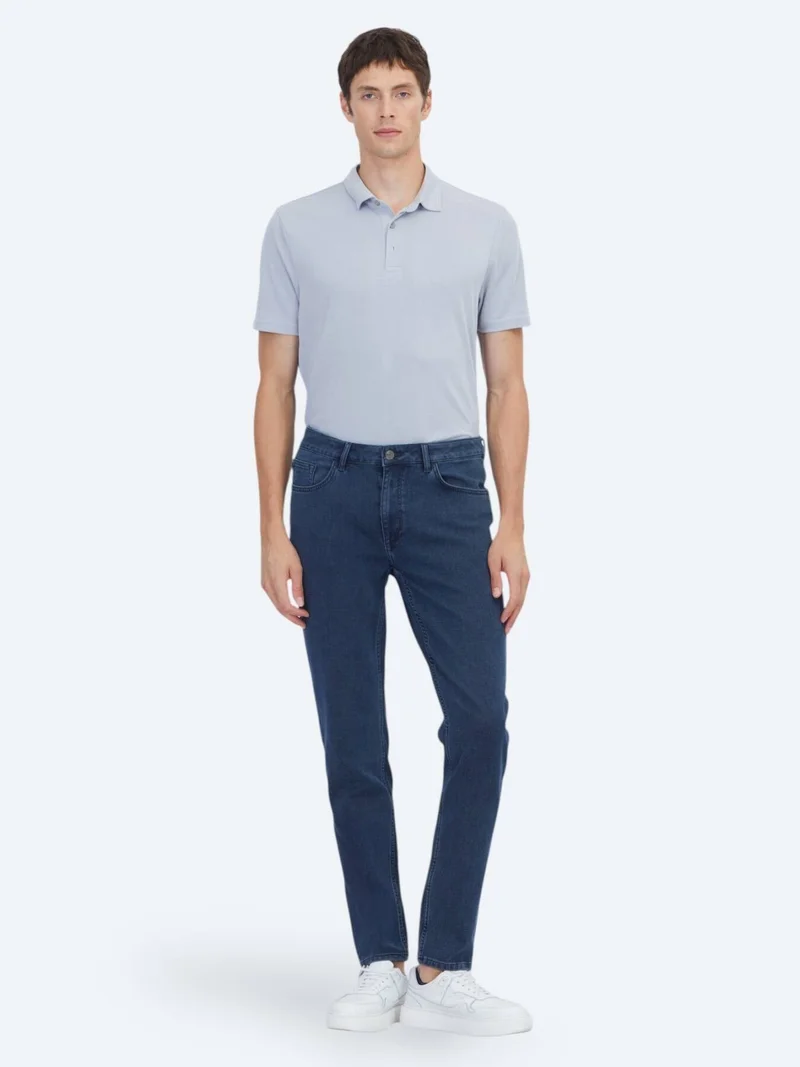 Kip Navy Blue Slim Fit Denim Cotton Blended Trousers