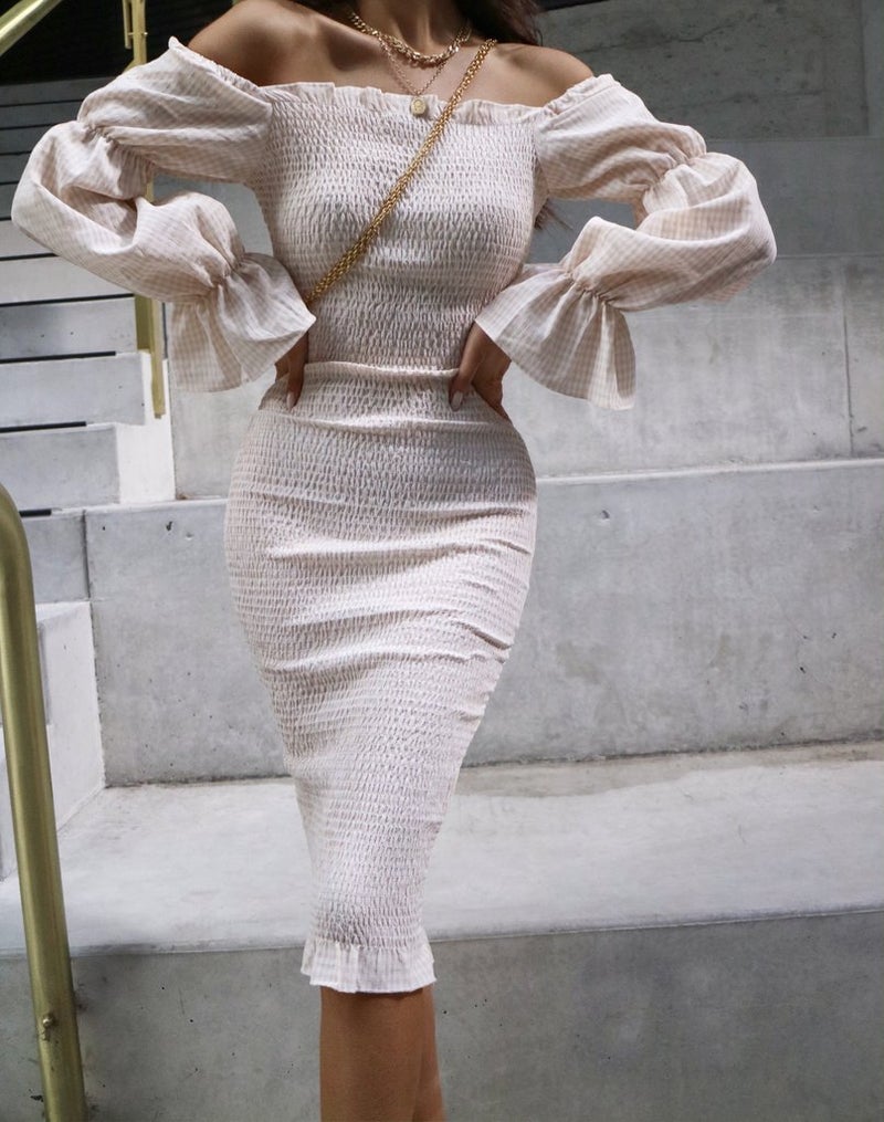 European and American foreign trade new women's wish sexy one-shoulder long-sleeved slim tight pencil skirt light pink XL - Image 3