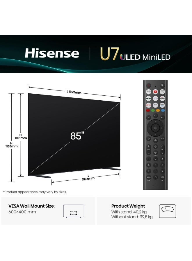 Hisense 85 Inch ULED MiniLED Smart TV 4K, Hi-View AI Engine, 144Hz Game Mode PRO, Built-in Subwoofer, QLED, Dolby Vision.Atmos, 85U7Q black - Image 2