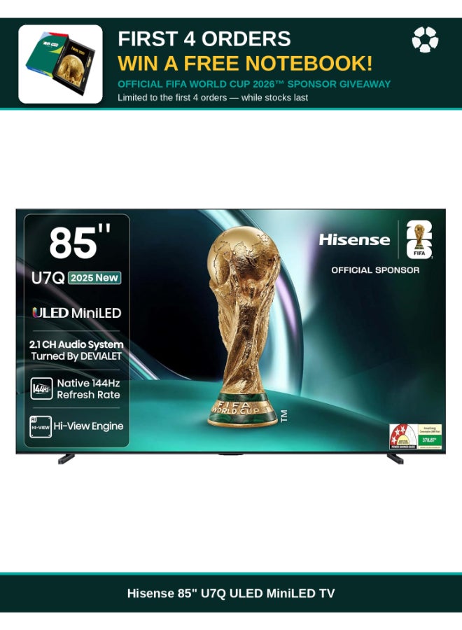 Hisense 85 Inch ULED MiniLED Smart TV 4K, Hi-View AI Engine, 144Hz Game Mode PRO, Built-in Subwoofer, QLED, Dolby Vision.Atmos, 85U7Q black - Image 1