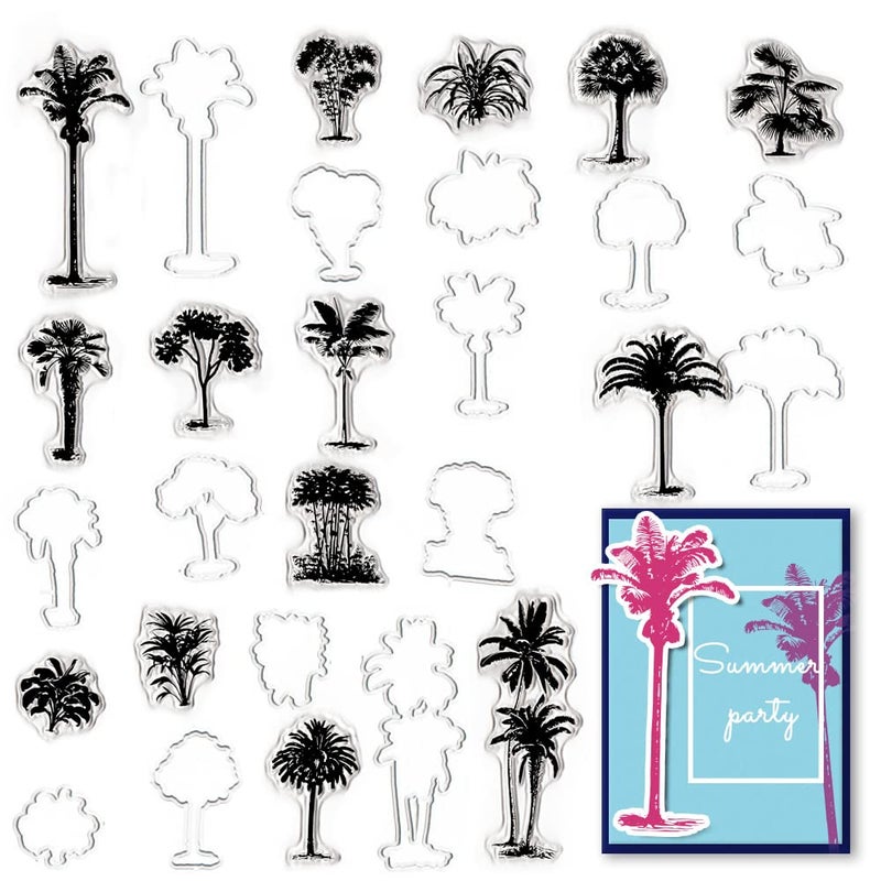 Tree Stamps and Dies for Card Making Trees Clear Stamp Coconut Tree Cutting Dies Plant Die Cuts for Holiday Card Making Leaves Clear Stamps fos DIY Scrapbooking Transparent Album Decor Paper Craft