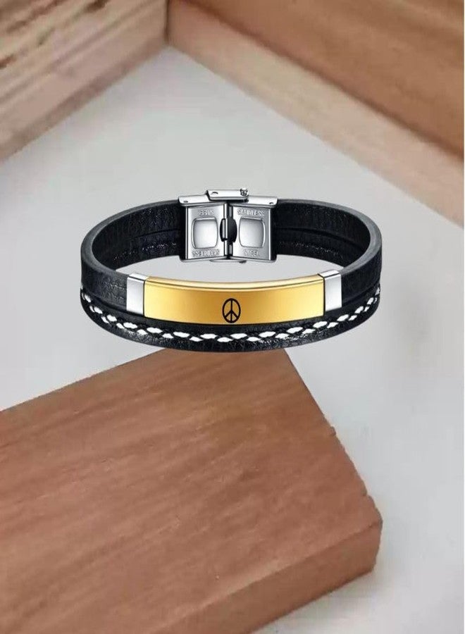 M Men Style أساور جلدية متعددة الطبقات بتصميم علامة السلام للرجال والنساء، مزودة بإبزيم، سوار أصلي، سوار معصم، سوار عتيق، مجوهرات صداقة، سوار ذهبي للأزواج SBr2025201 - Image 3