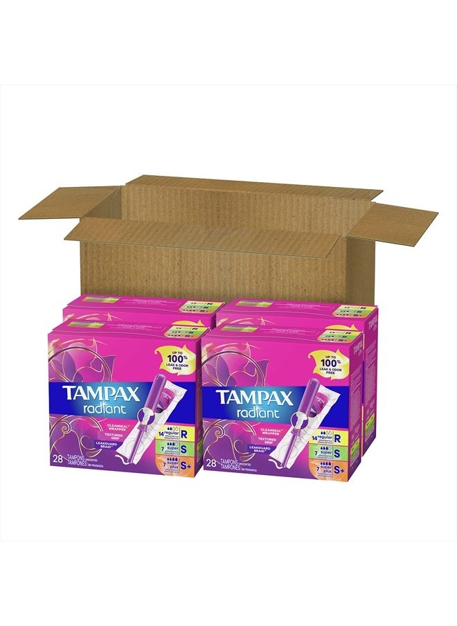 Tampax - Radiant Tampons Multipack, Regular/Super/Super Plus Absorbency, With Leakguard Braid, Unscented, 28 Count x 4 Packs (112 Count total) - Image 1