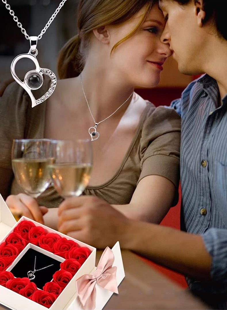 بداية مثالية قلادة مع زهور محفوظة في صندوق هدايا - 16 وردة حمراء دائمة مع قلادة "أحبك" للأم/الابنة/الصديقة/الزوجة في ذكرى الزواج/الزفاف/عيد الميلاد - Image 4