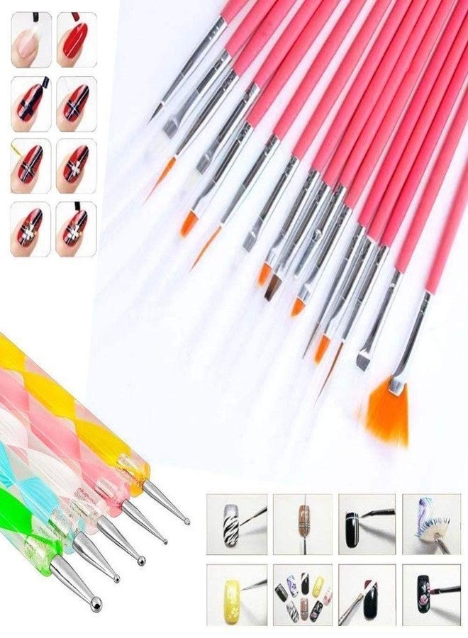Gugzy Nail Art Paint Kit Of 15 Pieces Nail Art Paint Brushes With 5 Pieces 2 Way Marbleizing Dotting Pen, 1 Set Of Finger Tip Guide, 1 Palette Tray And 10 Pieces Nail Striping Tape (Pink Silver) - Image 4