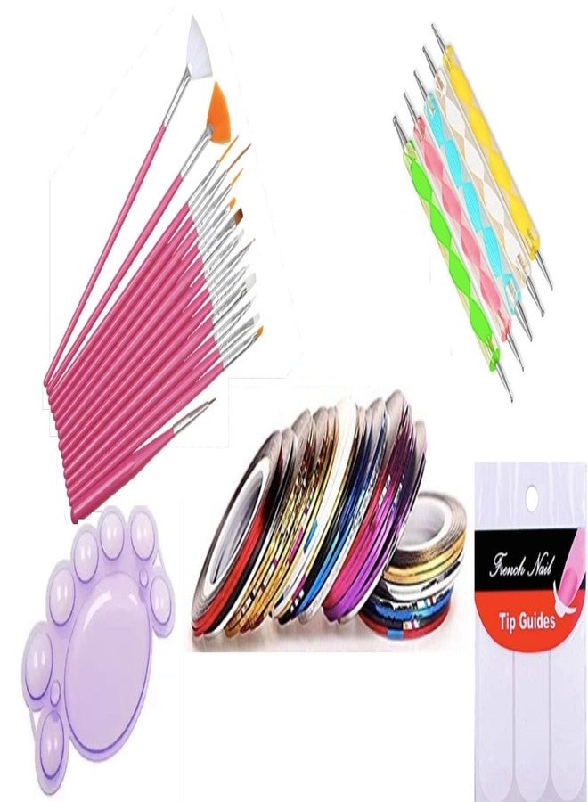 Gugzy Nail Art Paint Kit Of 15 Pieces Nail Art Paint Brushes With 5 Pieces 2 Way Marbleizing Dotting Pen, 1 Set Of Finger Tip Guide, 1 Palette Tray And 10 Pieces Nail Striping Tape (Pink Silver) - Image 1