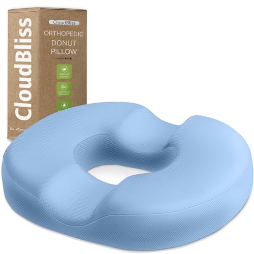 CloudBliss Donut Pillow Seat Cushion Chair Pad for Tailbone Pain Relief and Hemorrhoids Memory Foam Cushion for Men and Women for Home Office Light Blue - Image 1