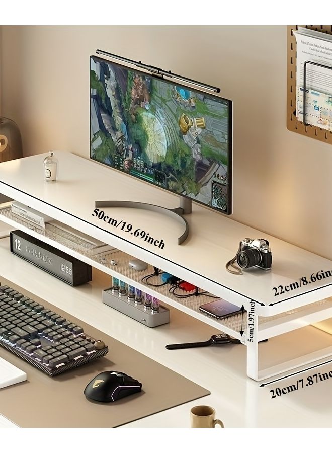 طاولة كمبيوتر مزدوجة الطبقات مع أرفف تخزين وأدراج ورف شاشة قابل لضبط الارتفاع باللون الأبيض البسيط - Image 1