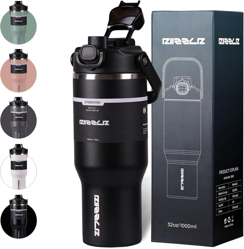 Riizzlr 1000ml Insulated Water Bottle Tumbler with 2-in-1 Straw & Sip Lid – Stainless Steel Vacuum Flask, Double Wall, BPA-Free, Leakproof, Wide Mouth, Keeps Drinks Hot 12H / Cold 24H (Black) - Image 1