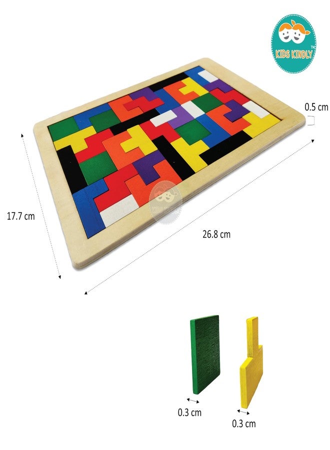 KIDS KINDLY Wooden Jigsaw Puzzle, Tetris Board Game, Monteszori Toys for Preschoolers, Multicolour, Age 3+ - Image 2