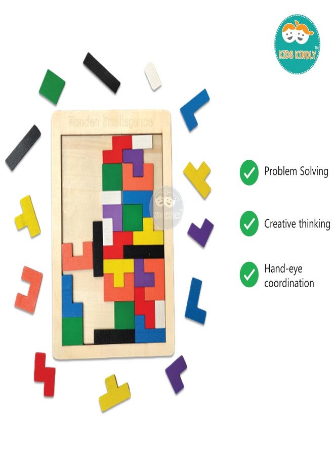 KIDS KINDLY Wooden Jigsaw Puzzle, Tetris Board Game, Monteszori Toys for Preschoolers, Multicolour, Age 3+ - Image 4