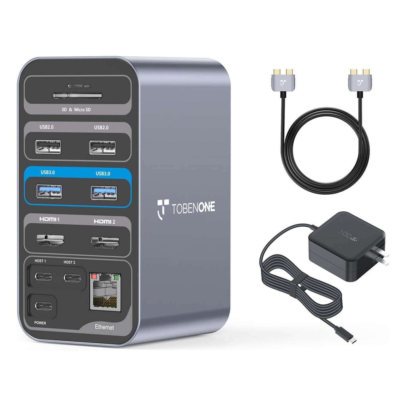 TobenONE Docking Station Dual Monitor with 100W GaN III Charger, USB C Docking Station Dual 4K HDMI for MacBook Pro/Air, Type C Dock with 2 HDMI, 7 USB, SD&Micro SD, Gigabit Ethernet, 87W PD, Audio